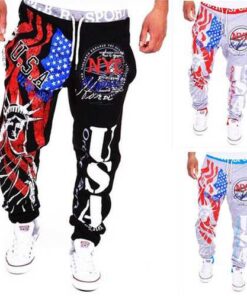 Men's Lace-Up Fashion Sports Jogger Pants Statue of Liberty American Flag Printing Hip-hop Sweatpants
