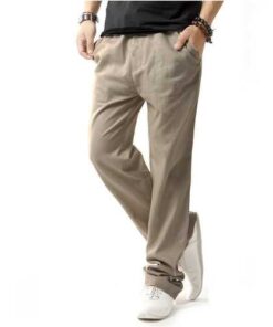 Mens Breathable Loose Cotton Linen Solid Color Pants With Drawstring