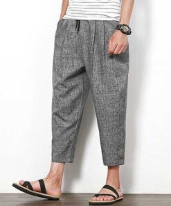 Summer Cotton Linen Nine Pants Men's Solid Color Loose Casual Haren Pants