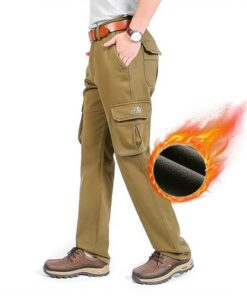Winter Warm Fleece Lining Cotton Cargo Pants Men's Casual Middle-waisted Straight Baggy Overalls