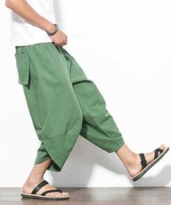 Mens Summer Loose Radish Trousers Breathable Haren Wide Leg Pants Casual Calf-Length Pants
