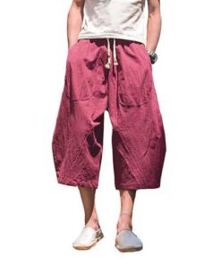 Mens Cotton Linen Loose Casual Calf-Length Harem Pants