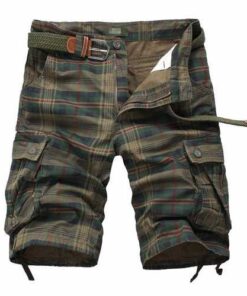Multi-pocket Cotton Plaid Knee Length Shorts