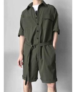 Solid Color Multi Pockets Short Sleeve Jumpsuit